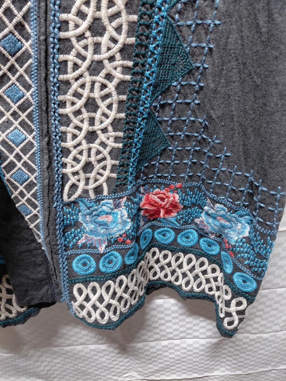 Embroidered Open Front Kimono Jacket in Charcoal & Teal #(C28) - Picture 6 of 9